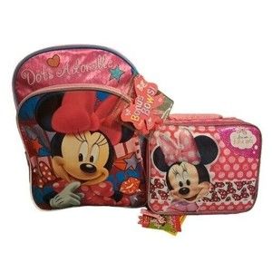 Disney Minnie Mouse 14" Backpack Lunch Bag Set School Book Travel Bow Clips 2016